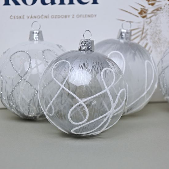 Vánoční skleněné koule 6 ks. sada, 10 cm, Bílostříbrné, České vánoční ozdoby KOULIER