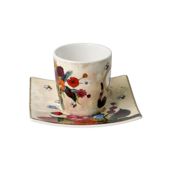 Set of 100 ml espresso cup + saucer + 16 cm vase Innamortaro, cats R. Wachtmeister, fine bone china, Goebel