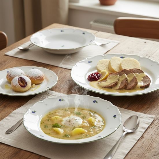 Plate set for 6 pers. 25,24,19, Verona blue flowers + green, G. Benedikt 1882