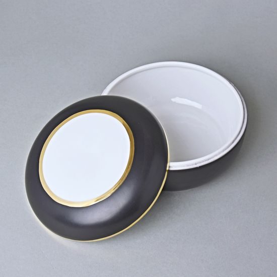 Dóza kulatá 13,7 x 7,5 cm, Černý fond + Zlato, Porcelán Duchcov