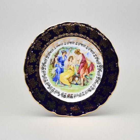 Talíř dezertní 21 cm, Tři Grácie, zlatý listr + kobalt, Queens porcelán