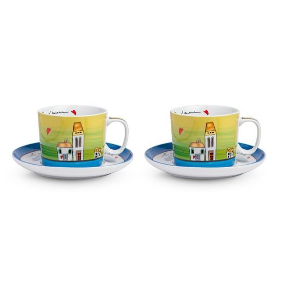 2 pcs. breakfast cups 340 ml set, “LE CASETTE” blue-green, porcelain, EGAN