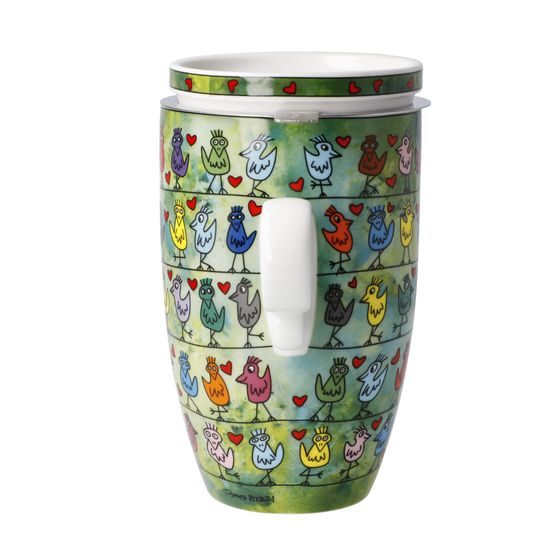 Tea Cup 0,45 l with Lid and Strainer James Rizzi - Birds on a Love Wire, 11,5 / 8 / 14 cm, Fine Bone China, J. Rizzi, Goebel