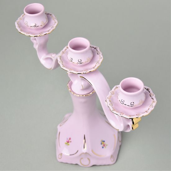 Svícen tříramenný 24,5 cm, Lenka 247, Růžový porcelán z Chodova