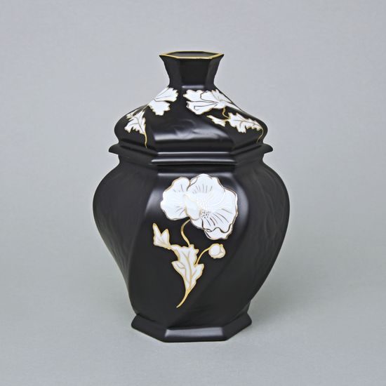 Dóza / Urna šestihran 20 x 14,5 x 13 cm , Černý fond + zlato, Porcelán Duchcov