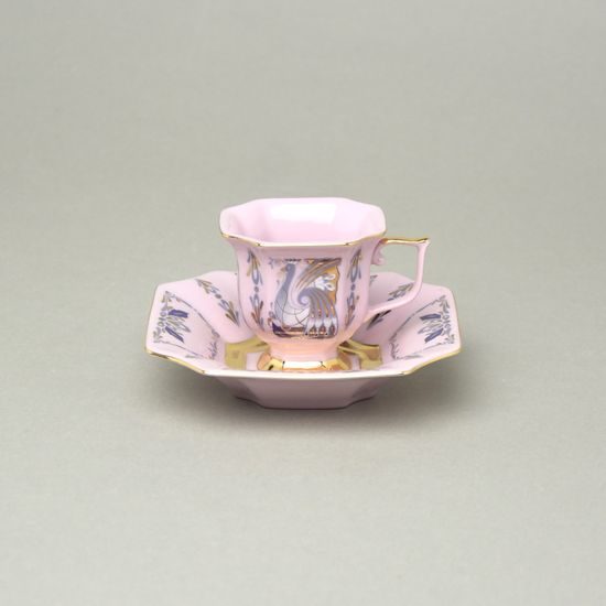 Šálek 80 ml mokka a podšálek 11 cm, Empír, dekor 562 páv, Růžový porcelán z Chodova