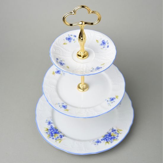 Etažer 3 díl. 34 cm, kovová tyčka zlatá, Thun 1794, karlovarský porcelán, BERNADOTTE pomněnka
