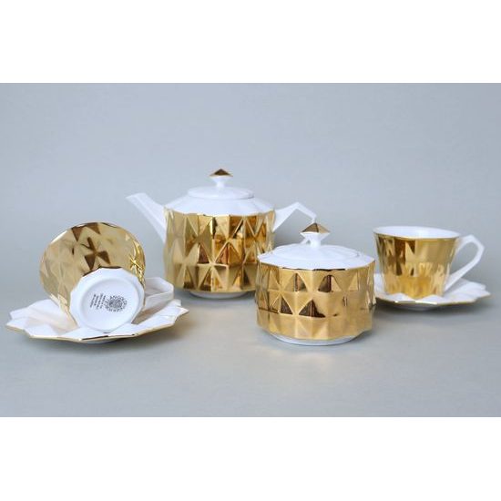 Souprava čajová / kávová s cukřenkou, pro 2 osoby, Diamond Gold, porcelán Goldfinger