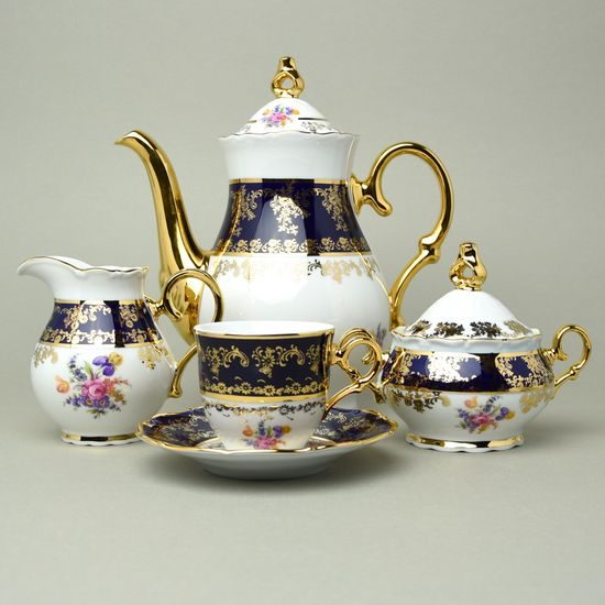 Coffee set for 6 pers., Ophelie 677, cobalt + flowers + gold, Stará Role Moritz Zdekauer