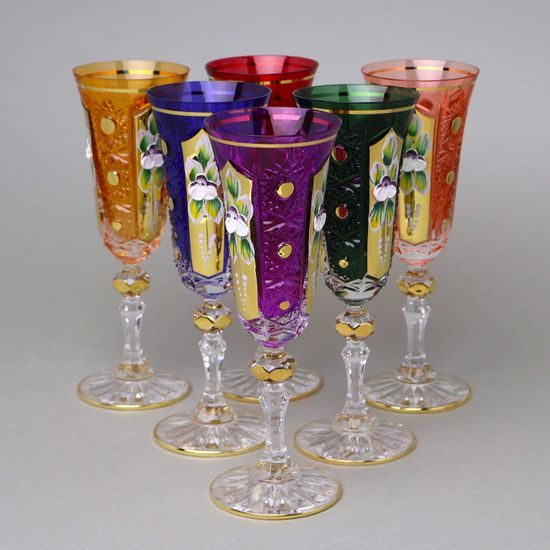 Sklenice na šampaňské 150 ml se smaltovanými kvítky - barevná sada, 6 ks., Bohemia crystal gold
