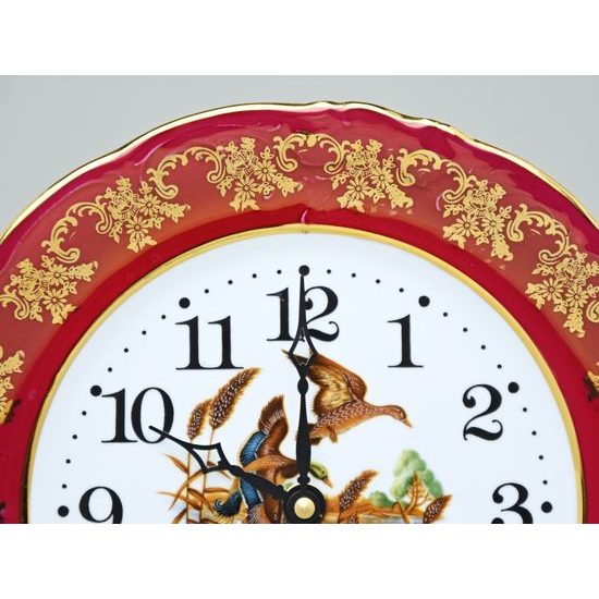 Clock wall 24 cm, Thun 1794 Carlsbad porcelain, Hunting decor + Ruby Red