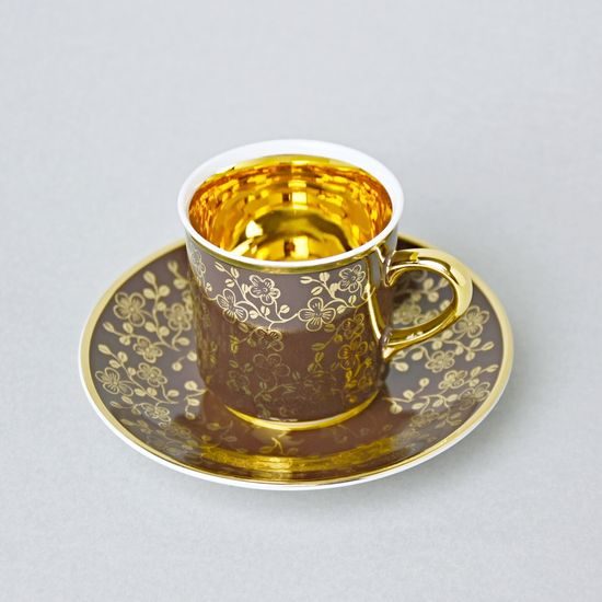 Cup 100 ml mocca + saucer 10,5 cm, inner gold, brown, Leander Loučky