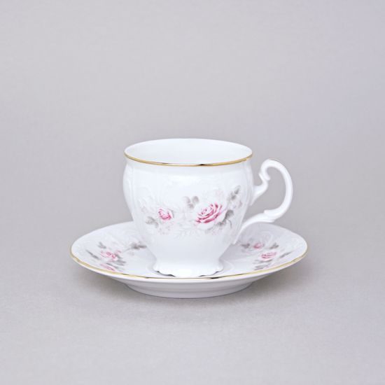 Gold line: Coffee cup and saucer 150 ml / 14 cm, Thun 1794 Carlsbad porcelain, BERNADOTTE roses