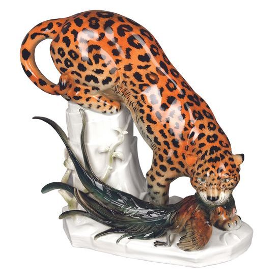 Panter s bažantem 38 x 20 x 38 cm, Porcelánové figurky Aelteste Volkstedter