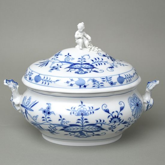 Mísa polévková oválná 3 l s figurkou na víku, cibulový vzor, Míšeňský porcelán