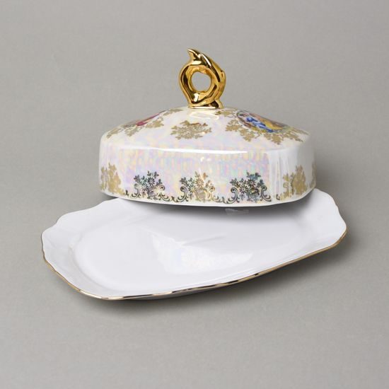 Máslenka na 250 g máslo, Tři Grácie, Zlatý listr, porcelán QueensCrown