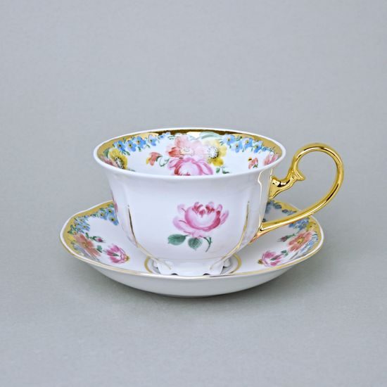 Cup 200 ml And Saucer Aneta, Gold + Flowers, Hand-decorated by Vilém Janoušek, Český porcelán a.s