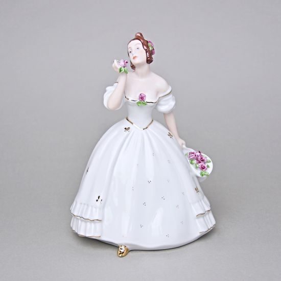 Dívka s kloboukem a růžemi 12 x 14 x 19 cm, Bílá + zlato + saxe, Porcelánové figurky Duchcov