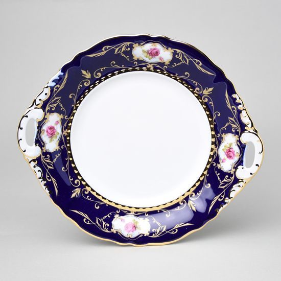 440: Cake plate w/handles 27 cm, Sonáta, cobalt + gold + roses, Leander Loučky