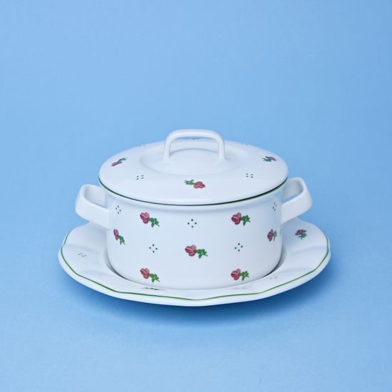 Soup cup / kettle 500 ml with handles and lid, red flowers + green, G. Benedikt 1882