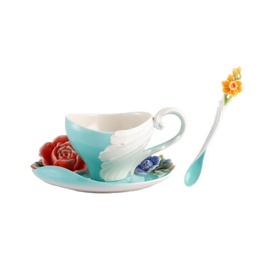 VERSAILLES GARDEN-ROSE DESIGN SCULPTURED PORCELAIN cup/sacaucer/spoon set, FRANZ porcelain