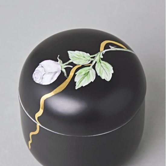 Dóza s růží a zlatou stuhou, 9,5 x 9 cm, Černý fond + zlato, Porcelán Duchcov