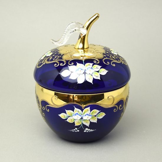 Křišťálová dóza "Jablko" kulatá velká - MODRÉ, v. 22 cm, zlato + smalt, Jahami Bohemia