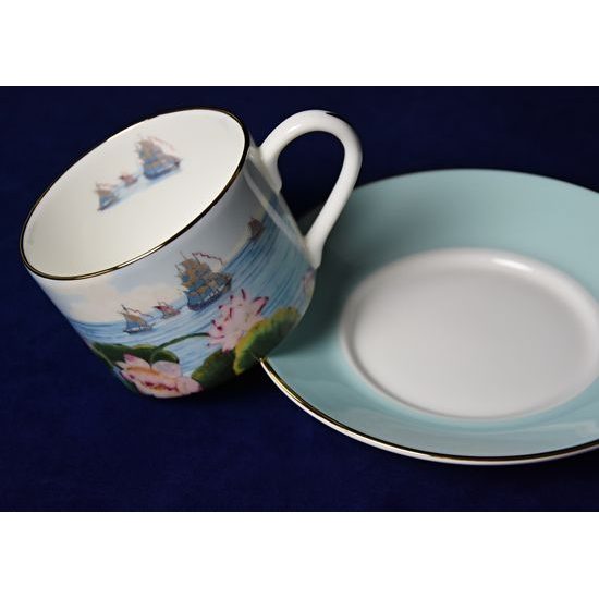 Blenheim Palace - Indian Room, Lotos and ships: Cup 200 ml and saucer breakfast, English Fine Bone China, Roy Kirkham