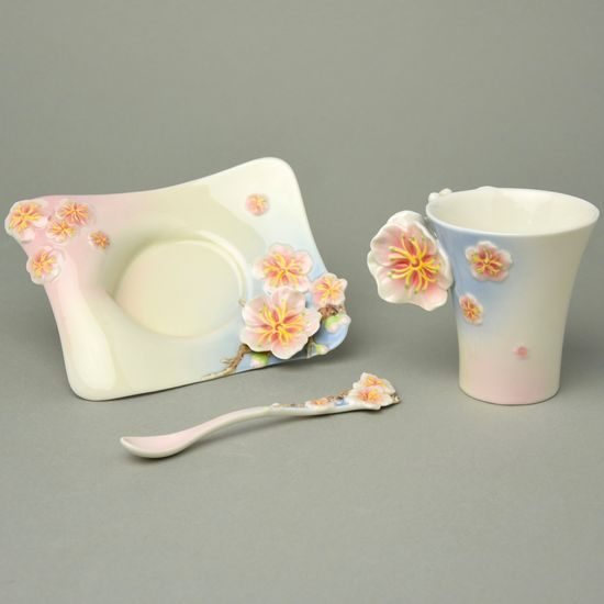 FOUR SEASONS-PLUM BLOSSOM DESIGN SCULPTURED porcelain cup/saucer/spoon set, FRANZ porcelain