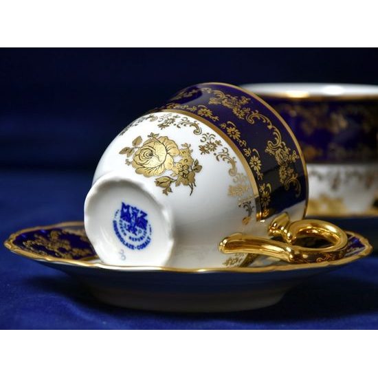 Gift set 2 pcs., cup 190 ml plus saucer 155 mm, Ophelie 677G, cobalt blue plus gold rose, Moritz Zdekauer 1810