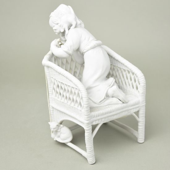 Girl with cats on a wicker chair 21,5 cm, matt bisquit decor, Unterweissbacher porcelain