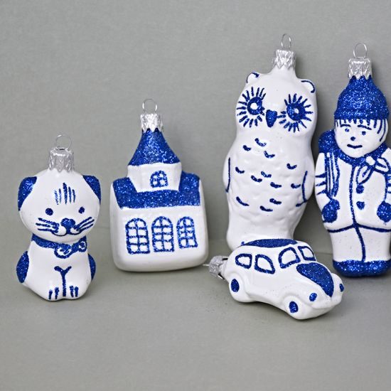 Christmas tree decoration, Blue Glitters - 9 pcs. set, Czech christmas decorations