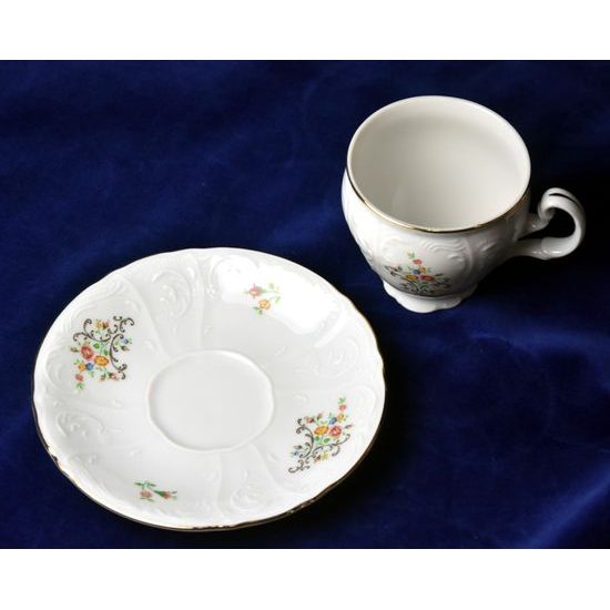 Coffee cup and saucer 150 ml / 14 cm, Thun 1794 Carlsbad porcelain, BERNADOTTE flowers with gold