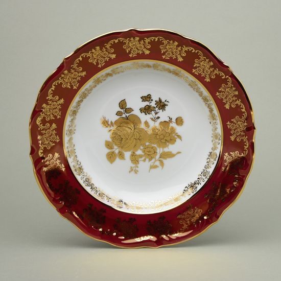 Talíř hluboký 23 cm, rubín + zlatá růže, porcelán Carlsbad