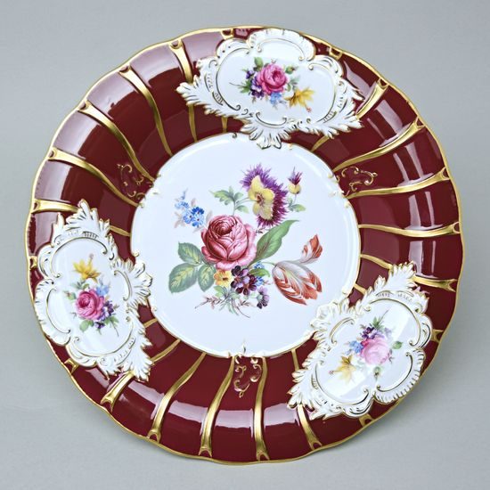 Mísa Baroko 30 cm na noze kytice, Purpur + květiny, Royal Dux Bohemia