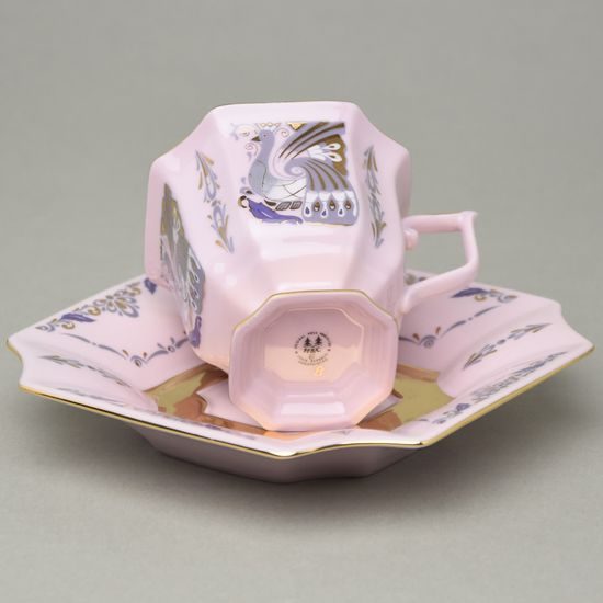 Šálek 130 ml a podšálek kávový 14 cm, Empír 562 páv, Růžový porcelán z Chodova