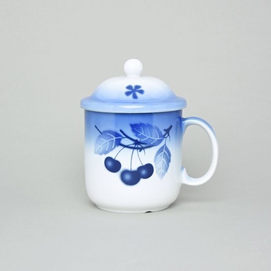 Souprava Pinta, hrnek na čaj s víčkem a sítkem, Thun 1794, karlovarský porcelán, BLUE CHERRY