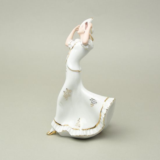 Dáma s kloboukem 16 x 11 x 23 cm, bílá + zlato, Porcelánové figurky Duchcov (2.j.)