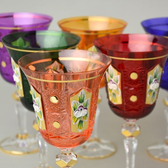 Wine glass coloured 220 ml, set of 6, enamel flowers + gold, Bohemia crystal gold