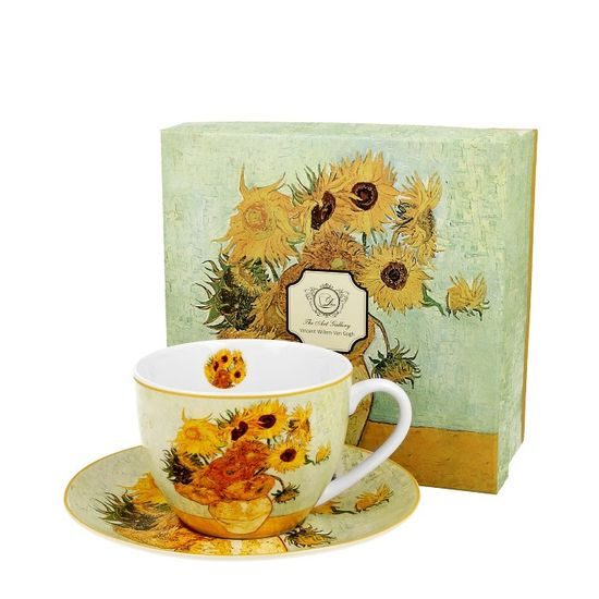 Šálek 270 ml + podšálek 15 cm, V. van Gogh, Slunečnice, kostní porcelán Carmani