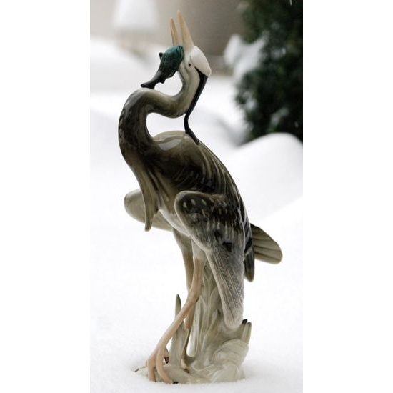 Heron bird with fish 14,5 x 10,5 x 28,5 cm, Porcelain Figures Duchcov