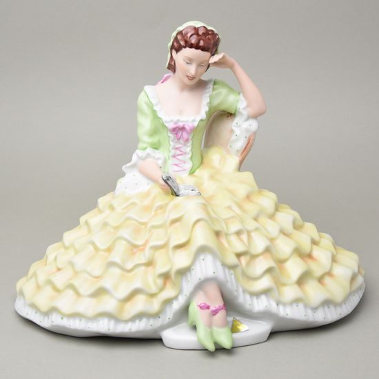 Lady with book, large, 22,5 x 32,5 x 26,5 cm, green - yellow, Royal Dux Bohemia