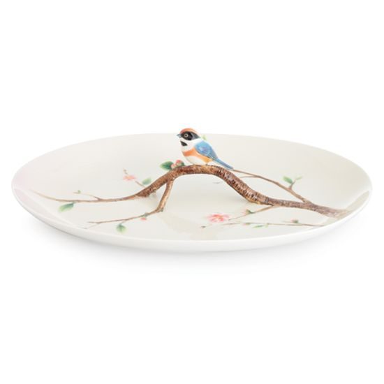 Black-throated passerine design sculptured porcelain large tray 48 cm, FRANZ Porcelain