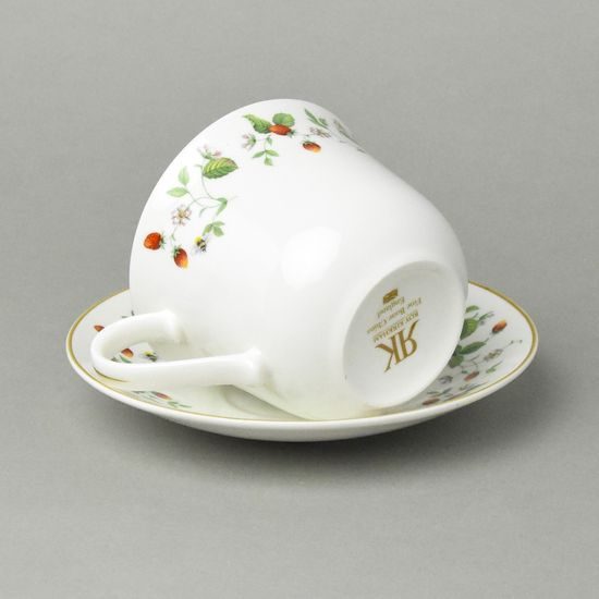 Anglická jahodová zahrada: Šálek 420 ml a podšálek 17 cm snídaňový, anglický kostní porcelán Roy Kirkham