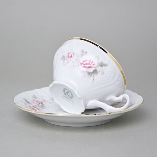 Gold line: Tea cup and saucer 205 ml / 16 cm, Thun 1794 Carlsbad porcelain, BERNADOTTE roses