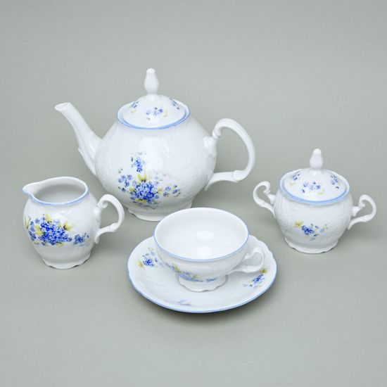 Čajová souprava pro 6 osob, Thun 1794, karlovarský porcelán, BERNADOTTE pomněnka