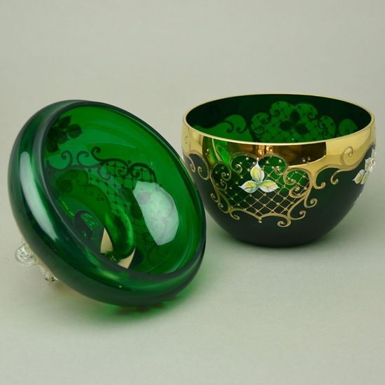 Křišťálová dóza "Jablko" kulatá velká - ZELENÁ, v. 22 cm, zlato + smalt, Jahami Bohemia