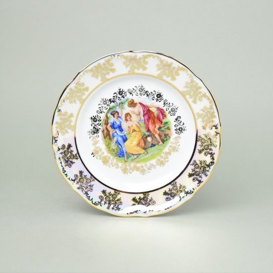 Talíř dezertní 19 cm, Tři Grácie, zlatý listr, Queens porcelán