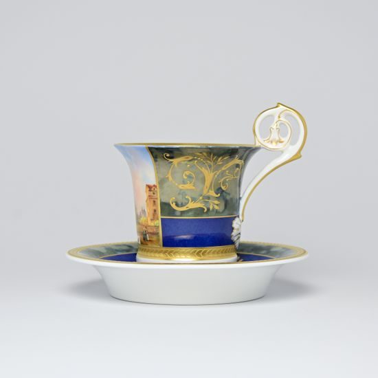 Cup and Saucer Johan, Prague 1848, 200 ml, Gold Etching, hand-painted by Roman Široký, Haas a Czjzek Porcelain