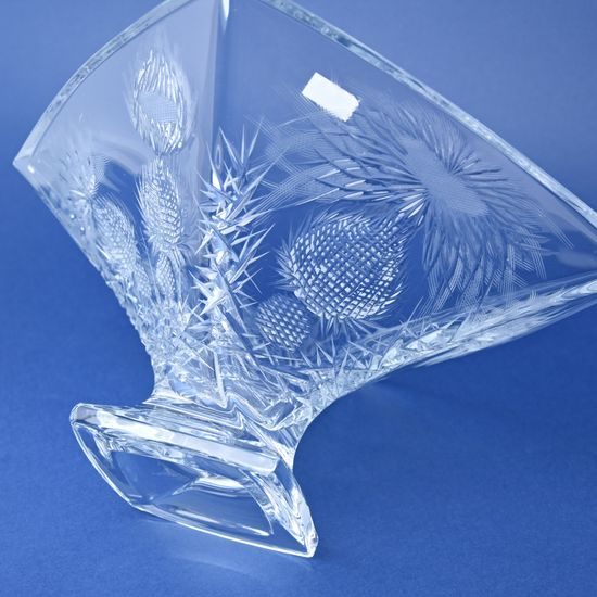 Crystal Hand Cut Bowl On Stand QUADRO, Decor Thistles, 320 mm, Crystal Bohemia Poděbrady